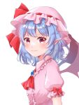  1girl ascot bat_wings blue_hair blush brooch frilled_shirt_collar frills from_side hat hat_ribbon highres jewelry light_smile looking_at_viewer medium_hair mob_cap pink_headwear pink_shirt pointy_ears puffy_short_sleeves puffy_sleeves red_ascot red_eyes red_ribbon remilia_scarlet ribbon shirt short_sleeves simple_background solo touhou uotarema upper_body v-shaped_eyebrows white_background wings 