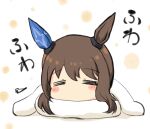  1girl =_= animal_ears bangs blush_stickers brown_hair character_request chibi closed_eyes engiyoshi eyebrows_visible_through_hair facing_viewer hair_between_eyes horse_ears long_hair sidelocks solo translation_request umamusume white_background 