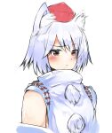  1girl animal_ear_fluff animal_ears blush breasts closed_mouth detached_sleeves eyebrows_visible_through_hair ginnkei hat highres inubashiri_momiji looking_at_viewer pom_pom_(clothes) raised_eyebrow red_eyes shirt short_hair simple_background solo tokin_hat touhou turtleneck upper_body white_background white_shirt wolf_ears 