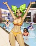  1boy 4girls arms_up ball bandaid bandaid_on_face bangs bare_shoulders beachball bikini black_eyepatch blush blushy-pixy breasts closed_eyes collarbone eyepatch grin highres kai&#039;sa large_breasts league_of_legends long_hair multiple_girls navel one-piece_swimsuit pool samira shen_(league_of_legends) shiny shiny_hair shiny_skin short_hair signature skindentation smile sona_(league_of_legends) speech_bubble stomach swimsuit tan teeth twintails water zeri_(league_of_legends) 