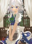  1girl apron bangs black_legwear blue_dress blue_eyes bow braid clock closed_mouth cowboy_shot dress frilled_hairband frills from_side frown furrowed_brow green_bow hair_bow hairband hand_up highres holding holding_tray izayoi_sakuya looking_at_viewer looking_to_the_side maid maid_headdress norio3120 petticoat puffy_short_sleeves puffy_sleeves short_dress short_hair short_sleeves side_braid sidelocks silver_hair simple_background sketch smile solo standing touhou tray twin_braids waist_apron white_apron 