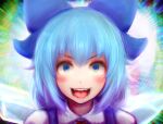  1girl bangs benikurage_(cookie) blue_bow blue_eyes blue_hair blush bow cirno collared_shirt commentary_request cookie_(touhou) eyebrows_visible_through_hair face fangs hair_between_eyes hair_bow ice ice_wings khn_(kihana) looking_at_viewer neck_ribbon open_mouth red_ribbon ribbon shirt short_hair slit_pupils smile solo teeth tongue touhou white_shirt wings 