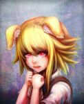  1girl animal_ear_fluff animal_ears asymmetrical_hair bangs black_bow black_bowtie blonde_hair bow bowtie brown_vest clenched_hand collared_shirt commentary_request cookie_(touhou) crying crying_with_eyes_open eyebrows_visible_through_hair floppy_ears fox_ears fox_girl hair_between_eyes khn_(kihana) medium_hair miramikaru_riran open_mouth red_eyes shirt sidelocks solo tears upper_body vest white_shirt 