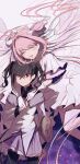  2girls absurdres akemi_homura akemi_homura_(cosplay) black_hair cosplay goddess_madoka hamachamu highres hug hug_from_behind idolmaster idolmaster_cinderella_girls idolmaster_cinderella_girls_starlight_stage multiple_girls pink_hair sad short_hair smile sunazuka_akira yumemi_riamu 