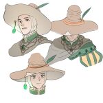  1boy brown_eyes cape closed_mouth elden_ring grey_cape hat hat_feather hat_ornament jewelry juliet_sleeves long_sleeves looking_at_viewer multiple_views necklace parted_lips puffy_sleeves simple_background smile sorcerer_rogier white_background yuum139 