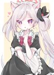  1girl :o alternate_costume animal_ear_fluff animal_ears apron black_dress blue_archive bow brown_background cat_ears commentary_request dress enmaided frilled_apron frills grey_hair halo hand_up heart heart-shaped_pupils highres kemonomimi_mode long_hair looking_at_viewer maid maid_headdress mutsuki_(blue_archive) ni_kiro parted_lips puffy_short_sleeves puffy_sleeves red_bow red_eyes short_sleeves side_ponytail solo symbol-shaped_pupils two-tone_background very_long_hair white_apron white_background 