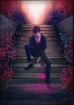  1boy bottle broken_glass business_suit commentary_request day flower formal full_body glass highres krw_iu000 looking_at_viewer male_focus necktie original outdoors red_necktie solo stairwell straight-on suit wine_bottle 