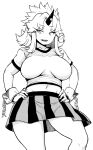  1girl alternate_hair_length alternate_hairstyle bangs breasts chain collarbone commentary_request cuffs eyelashes fangs fingernails hands_on_hips highres himajin_noizu horns hoshiguma_yuugi large_breasts looking_at_viewer medium_hair midriff miniskirt monochrome navel oni oni_horns open_mouth parted_bangs pointy_ears ponytail shackles sharp_fingernails shirt short_sleeves sidelocks simple_background single_horn skirt solo standing stomach touhou white_background 