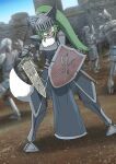  1girl angry animal_nose armor armored_boots bangs battle blue_sky blurry blurry_background body_fur boots breastplate castle commentary_request crystal day dutch_angle fangs faulds full_armor full_body fur_collar furry furry_female gauntlets gloves gradient_sky green_eyes green_hair grey_footwear grey_gloves hair_over_one_eye highres holding holding_shield holding_sword holding_weapon legs_apart long_hair looking_at_viewer matatabi_shimono one_eye_covered open_mouth original outdoors pelvic_curtain people ponytail sheath shield shiny shiny_hair shoulder_armor sidelocks sky solo_focus standing swept_bangs sword tail teeth weapon white_fur wolf_girl wolf_tail 