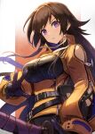  1girl bare_shoulders belt belt_pouch black_gloves breasts brown_hair framed_breasts gloves gradient gradient_background hair_ribbon highres holding holding_sword holding_weapon kuroi_susumu large_breasts long_hair long_sleeves looking_at_viewer muvluv orange_background parted_lips pouch puffy_long_sleeves puffy_sleeves ribbon sheath sheathed sidelocks solo sword takamura_yui underbust unzipped v-shaped_eyebrows very_long_hair violet_eyes weapon white_ribbon 