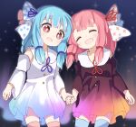  2girls aurora bangs blue_legwear blunt_bangs blush bow brown_dress closed_eyes cowboy_shot detached_sleeves dress gradient_dress hair_bow hair_ribbon highres holding_hands kotonoha_akane kotonoha_aoi long_hair multiple_girls ne_(dreamyee) night night_sky open_mouth outdoors pink_hair pink_legwear red_eyes ribbon sidelocks sky smile star_(sky) star_(symbol) star_print starry_sky thigh-highs voiceroid white_dress zettai_ryouiki 