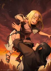  1boy 1girl black_hair blonde_hair chain dress eren_yeager hairband highres holding holding_person khyle. long_hair long_sleeves open_mouth sandals shingeki_no_kyojin shirt short_hair smile standing ymir_fritz 