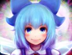  1girl bangs benikurage_(cookie) blue_bow blue_eyes blue_hair blush bow cirno collared_shirt commentary_request cookie_(touhou) eyebrows_visible_through_hair face hair_between_eyes hair_bow ice ice_wings khn_(kihana) looking_at_viewer neck_ribbon red_ribbon ribbon shirt short_hair smile solo touhou white_shirt wings 