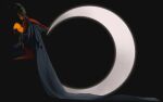  1girl black_background black_dress cape closed_mouth crescent_moon dress elden_ring floating from_side hat highres holding long_sleeves mantou_kyn moon profile rennala_queen_of_the_full_moon seiza simple_background sitting solo very_long_cape wizard_hat 