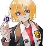 1girl :3 blonde_hair closed_mouth collared_shirt don_quixote_(limbus_company) eyebrows_visible_through_hair hair_between_eyes highres holding jacket limbus_company long_sleeves nakame77 necktie open_clothes open_jacket orange_eyes red_necktie shirt short_hair smile solo white_background white_shirt 