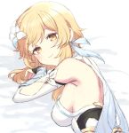  1girl bangs bed_sheet blonde_hair blush breasts closed_mouth detached_sleeves dress flower genshin_impact hair_flower hair_ornament looking_at_viewer lumine_(genshin_impact) lying medium_breasts on_side sbs solo upper_body white_dress white_flower yellow_eyes 