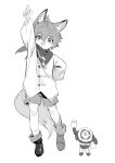  1boy akabane_yu animal_ears arm_up bangs child fox_boy fox_ears fox_tail full_body genshin_impact greyscale hair_between_eyes highres index_finger_raised long_sleeves male_focus monochrome open_mouth ruin_guard_(genshin_impact) scarf shirt shorts simple_background socks standing symbol-only_commentary tail tartaglia_(genshin_impact) younger 