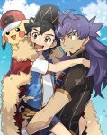  2boys :d ash_ketchum bangs baseball_cap black_hair blue_jacket borrowed_garments brown_eyes cape carrying champion_uniform clouds commentary_request dark-skinned_male dark_skin day eyelashes facial_hair fur-trimmed_cape fur_trim gloves hat highres jacket leon_(pokemon) long_hair male_focus multiple_boys open_mouth ou_negi outdoors partially_fingerless_gloves pikachu pokemon pokemon_(anime) pokemon_(creature) pokemon_swsh_(anime) purple_hair red_cape shirt short_hair short_sleeves shorts single_glove sky sleeveless sleeveless_jacket smile t-shirt teeth tongue upper_teeth white_shirt yellow_eyes 