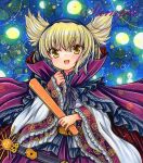  1girl :d adapted_costume bangs blonde_hair blue_background blush cape cowboy_shot danmaku earmuffs embellished_costume eyebrows_visible_through_hair frills hair_between_eyes hand_up holding holding_stick long_sleeves looking_at_viewer open_mouth pointy_hair purple_cape ritual_baton rui_(sugar3) sheath sheathed short_hair simple_background sleeves_past_wrists smile solo stick sword touhou toyosatomimi_no_miko weapon wide_sleeves yellow_eyes 