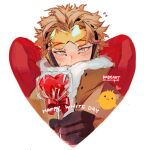  1boy bird blonde_hair blush boku_no_hero_academia brown_jacket candy chibi chibi_inset chick chocolate commentary_request costume english_text eyewear_on_head facial_mark feathered_wings flying_sweatdrops food fur-trimmed_jacket fur_trim gloves happy_white_day hawks_(boku_no_hero_academia) headphones heart heart-shaped_chocolate high_collar holding holding_food jacket kadeart lollipop long_eyebrows looking_at_viewer male_focus nervous portrait reaching_out red_feathers red_wings rimless_eyewear short_hair signature single_glove solo sweatdrop tinted_eyewear white_day wings yellow_eyes 