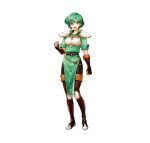  1girl absurdres armor bangs belt boots breastplate clenched_hand commentary_request dress elbow_gloves eyebrows_visible_through_hair fingerless_gloves fire_emblem fire_emblem:_thracia_776 fire_emblem_heroes full_body gloves gold_trim green_dress green_eyes green_hair hand_up highres karin_(fire_emblem) knee_pads looking_at_viewer official_art open_mouth pantyhose shiny shiny_clothes shiny_hair short_dress short_hair short_sleeves shoulder_armor simple_background smile solo thigh-highs thigh_boots uroko_(mnr) white_background 
