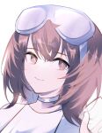  1girl absurdres arknights bangs brown_eyes brown_hair choker goggles goggles_on_head gupipy highres looking_at_viewer portrait roberta_(arknights) short_hair smile solo white_choker 