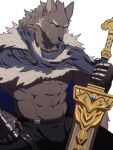  1boy absurdres animal_head blaidd_the_half-wolf cape commentary elden_ring fur_cape fur_cloak gauntlets greatsword highres holding holding_weapon huge_weapon looking_at_viewer male_focus solo sword uiokv weapon wolf_boy 