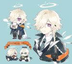  2boys ? arknights bishounen blue_eyes book chibi coffee coffee_cup cup disposable_cup doughnut enforcer_(arknights) english_text executor_(arknights) explosive food hair_over_eyes hair_over_one_eye halo male_focus mechanical_halo mine_(weapon) multiple_boys necktie shirt simple_background soppos violet_eyes white_hair white_shirt wings 