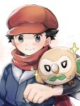  1boy bird black_hair black_shirt blush commentary_request grey_eyes grey_jacket grin hand_up hat jacket male_focus oou_(tafc4385) orange_headwear orange_scarf owl pokemon pokemon_(creature) pokemon_(game) pokemon_legends:_arceus pokemon_on_arm rei_(pokemon) rowlet scarf shirt short_hair signature smile sparkle spiky_hair teeth upper_body white_background 