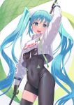  1girl :d arm_up ashitana asymmetrical_legwear bangs black_bodysuit black_gloves black_legwear blue_eyes blue_hair bodysuit breasts covered_navel floating_hair gloves green_gloves hatsune_miku highres long_hair looking_at_viewer medium_breasts open_mouth racing_miku_(2022) simple_background skindentation smile solo standing thigh-highs twintails two-tone_gloves very_long_hair vocaloid white_background 