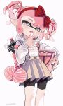 1girl amezawa_koma bangs black_shorts bow bow_hairband bucket dress green_eyes grey_dress hairband head_tilt highres holding holding_bucket hood hoodie ink_tank_(splatoon) inkling licking licking_finger long_sleeves looking_at_viewer looking_down pink_hair red_bow short_dress short_hair shorts simple_background solo splatoon_(series) splatoon_2 standing tentacle_hair tongue tongue_out twintails twitter_username water_balloon white_background white_hoodie 