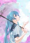  1girl bangs black_sailor_collar blue_eyes blue_hair blurry blurry_background cherry_blossoms closed_mouth collared_shirt day eyebrows_visible_through_hair from_side hatsune_miku highres holding holding_umbrella long_hair looking_up outdoors qto_toto sailor_collar sailor_shirt school_uniform serafuku shiny shiny_hair shirt short_sleeves smile solo spring_(season) transparent transparent_umbrella umbrella upper_body very_long_hair vocaloid white_shirt 