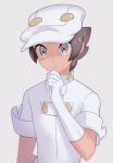  1boy aether_foundation_employee brown_hair buttons chin_stroking closed_mouth gloves grey_background grey_eyes hand_up hat jumpsuit komurapk male_focus pokemon pokemon_(game) pokemon_sm short_hair short_sleeves solo thinking upper_body white_gloves white_headwear white_jumpsuit 