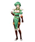  1girl armor bangs belt boots breastplate clenched_hand dress elbow_gloves eyebrows_visible_through_hair fingerless_gloves fire_emblem fire_emblem:_thracia_776 fire_emblem_heroes full_body gloves gold_trim green_dress green_eyes green_hair hand_up highres karin_(fire_emblem) knee_pads looking_at_viewer non-web_source official_art open_mouth pantyhose shiny shiny_clothes shiny_hair short_dress short_hair short_sleeves shoulder_armor smile solo thigh-highs thigh_boots transparent_background uroko_(mnr) 