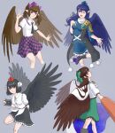  4girls \||/ armor asymmetrical_footwear asymmetrical_legwear bangs belt bird_wings black_belt black_coat black_hair black_legwear black_necktie black_ribbon black_skirt black_wings blouse blue_cape blue_dress blue_hair blue_wings bow breasts brown_hair brown_wings camera cape channel_ikihaji checkered_clothes checkered_skirt closed_mouth coat collared_blouse collared_shirt commentary_request cowboy_shot cropped_legs dress eyebrows_visible_through_hair feathered_wings frilled_dress frilled_shirt_collar frilled_skirt frilled_sleeves frills gem geta green_bow green_skirt hair_bow hand_on_own_chest hat highres himekaidou_hatate holding holding_camera iizunamaru_megumu kneehighs leg_up long_coat long_hair medium_breasts medium_skirt mismatched_footwear multiple_girls necktie one_eye_closed open_mouth outstretched_arm outstretched_hand pauldrons pointy_ears pom_pom_(clothes) ponytail puffy_short_sleeves puffy_sleeves purple_footwear purple_headwear purple_skirt red_eyes red_headwear reiuji_utsuho ribbon ribbon-trimmed_skirt ribbon_trim shameimaru_aya shirt short_hair short_sleeves shoulder_armor shoulder_guard single_pauldron skirt sleeveless_coat smile tengu tengu-geta third_eye tokin_hat touhou twintails two-sided_fabric two-tone_cape v violet_eyes white_blouse white_cape white_shirt wings 