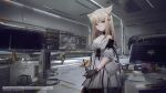  1girl animal_ears arknights arknights:_endfield belt black_gloves black_legwear blue_eyes cat_ears commentary concept_art copyright_name cowboy_shot dress english_commentary english_text extra_ears eyebrows_visible_through_hair gloves grey_hair highres holding holographic_interface indoors jacket long_hair looking_at_viewer off_shoulder official_art open_clothes open_jacket pantyhose paper perlica_(arknights) pouch science_fiction short_sleeves sleeveless sleeveless_dress solo spacecraft spacecraft_interior two-tone_gloves white_belt white_dress white_jacket yellow_gloves 