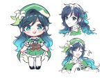  1girl aqua_eyes bangs bard beret black_footwear black_hair blue_hair blush braid cape chibi choryorrrrrr closed_eyes collared_cape commentary_request flower genderswap genderswap_(mtf) genshin_impact gradient_hair green_cape green_headwear green_skirt hat hat_flower highres loafers long_hair multicolored_hair multiple_views music musical_note pantyhose shoes short_sleeves side_braid singing skirt smile thai_commentary venti_(genshin_impact) white_flower white_legwear 