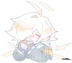  1boy arknights bishounen chibi closed_eyes coat coffee coffee_cup cup disposable_cup drinking enforcer_(arknights) fingerless_gloves gloves hair_over_eyes hair_over_one_eye halo male_focus paegeon solo white_hair wings 