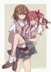  2girls absurdres bandages blood brown_eyes brown_footwear brown_hair carrying frown grey_skirt hair_ribbon highres holding holding_person huakuiliehuo hurt misaka_mikoto multiple_girls pink_eyes pink_hair princess_carry red_ribbon ribbon sad school_uniform shirai_kuroko shirt shoes short_hair skirt socks toaru_kagaku_no_railgun toaru_majutsu_no_index tokiwadai_school_uniform twintails white_legwear white_shirt yuri 