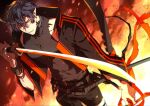 1boy arknights black_hair commentary_request flamebringer_(arknights) holding holding_sword holding_weapon looking_at_viewer male_focus muscular muscular_male open_mouth short_hair smile solo sword toriyoshi weapon yellow_eyes