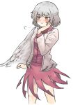  1girl blush dress ginnkei highres jacket kishin_sagume long_sleeves open_clothes open_jacket purple_dress red_eyes short_hair silver_hair single_wing solo touhou wings 