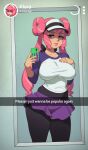  1girl absurdres breasts cellphone cosplay curvy double_bun eyeshadow hat highres klara_(pokemon) large_breasts lipstick makeup mole mole_under_mouth nail_polish phone pink_hair pink_nails pokemon riz rosa_(pokemon) rosa_(pokemon)_(cosplay) shirt shorts solo thick_thighs thighs violet_eyes 