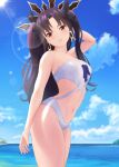  1girl a-o_a absurdres arm_behind_head bangs bare_arms bare_shoulders black_hair black_ribbon blue_sky clouds cowboy_shot crown earrings fate/grand_order fate_(series) hair_ribbon highres hoop_earrings ishtar_(fate) jewelry lens_flare long_hair looking_at_viewer navel ocean outdoors parted_bangs parted_lips red_eyes ribbon seaside sky solo standing strapless strapless_swimsuit sunlight swimsuit thighs tiara two_side_up white_swimsuit 