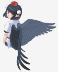  1girl belt bird_wings black_belt black_hair black_skirt black_wings channel_ikihaji closed_mouth collared_shirt feathered_wings frilled_sleeves frills hat looking_at_viewer looking_back pointy_ears pom_pom_(clothes) puffy_short_sleeves puffy_sleeves red_eyes red_headwear shameimaru_aya shirt short_hair short_sleeves simple_background skirt tengu tokin_hat touhou upper_body white_background white_shirt wings 