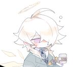  1boy arknights bishounen chibi coat coffee coffee_cup cup disposable_cup enforcer_(arknights) fingerless_gloves gloves hair_over_eyes hair_over_one_eye halo male_focus necktie paegeon solo violet_eyes white_hair wings 