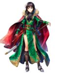  1girl asatani_tomoyo bangs belt belt_pouch black_hair black_legwear boots breasts brown_eyes cape dress earrings fingerless_gloves fingernails fire_emblem fire_emblem:_thracia_776 fire_emblem_heroes full_body fur_trim gloves gold_trim green_dress green_gloves hair_ornament high_heels highres jewelry knee_boots looking_at_viewer mareeta_(fire_emblem) medium_breasts medium_hair necklace non-web_source official_art pelvic_curtain pouch red_cape shiny shiny_hair short_sleeves skin_tight smile solo standing sword tied_hair transparent_background weapon wide_sleeves 