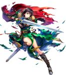 1girl asatani_tomoyo bangs belt belt_pouch black_hair black_legwear boots breasts brown_eyes cape closed_mouth dress earrings fingerless_gloves fingernails fire_emblem fire_emblem:_thracia_776 fire_emblem_heroes full_body fur_trim gloves gold_trim green_dress green_gloves hair_ornament highres holding holding_weapon jewelry knee_boots leg_up looking_away mareeta_(fire_emblem) medium_breasts medium_hair non-web_source official_art pouch red_cape sheath shiny shiny_hair short_sleeves skin_tight solo sword torn_cape torn_clothes torn_footwear transparent_background weapon wide_sleeves 