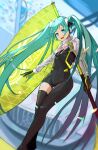  1girl 999_ducati :d absurdres aqua_hair asymmetrical_legwear black_bodysuit black_gloves blue_eyes blurry blurry_background bodysuit breasts flag floating_hair gloves hair_ornament hatsune_miku highres holding long_hair medium_breasts open_mouth racing_miku_(2022) smile solo standing twintails two-tone_gloves very_long_hair vocaloid yellow_gloves 