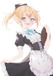  1girl :d alternate_costume apron bangs black_bow black_dress blonde_hair blue_bow blue_bowtie blue_eyes bow bowtie corset dress enmaided eyebrows_visible_through_hair frilled_apron frilled_dress frills hair_bow highres holding holding_tray hololive kazama_iroha looking_at_viewer maid ponytail puffy_short_sleeves puffy_sleeves quarterlift round_teeth short_hair short_sleeves simple_background skirt_hold smile solo teeth tray upper_teeth virtual_youtuber white_apron white_background 