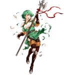  1girl armor bangs belt boots breastplate broken broken_armor broken_weapon dress elbow_gloves eyebrows_visible_through_hair feathers fingerless_gloves fire_emblem fire_emblem:_thracia_776 fire_emblem_heroes full_body gloves gold_trim green_dress green_eyes green_hair highres holding holding_weapon karin_(fire_emblem) knee_pads looking_away non-web_source official_art one_eye_closed open_mouth pantyhose polearm shiny shiny_clothes shiny_hair short_dress short_hair short_sleeves shoulder_armor solo spear thigh-highs thigh_boots torn_clothes transparent_background uroko_(mnr) weapon 
